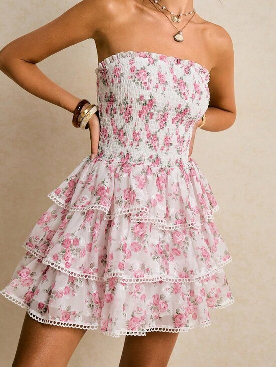 Dresses & Skirts - Pink Boho Women's Mini Dress with Ruffle Hem and Cherry Blossom Print